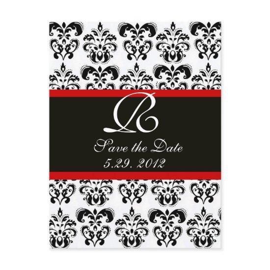 BLACK  RED AND WHITE DAMASK MONOGRAM ANNOUNCEMENT POSTCARD
