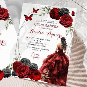 Black Red Burgundy Floral Princess Quinceañera