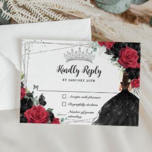Black Red Floral Silver Princess Gown Quinceañera RSVP Card