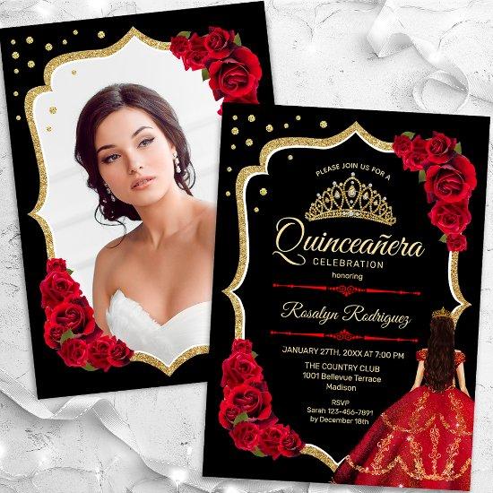 Black Red Gold Dress Quinceanera Photo