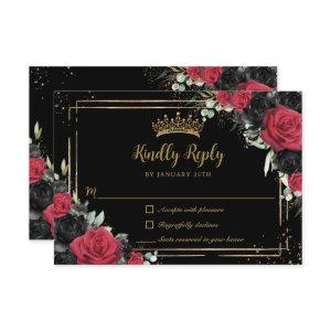 Black Red Roses Floral Gold Quinceañera Sweet 16 RSVP Card