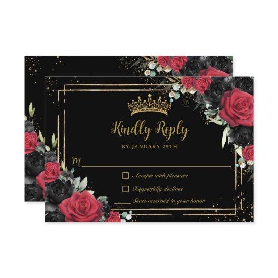 Black Red Roses Floral Gold Quinceañera Sweet 16 RSVP Card