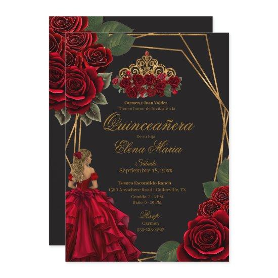 Black Red Roses Gold Princess Quinceañera