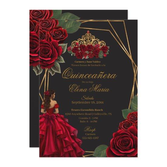 Black Red Roses Gold Princess Quinceañera