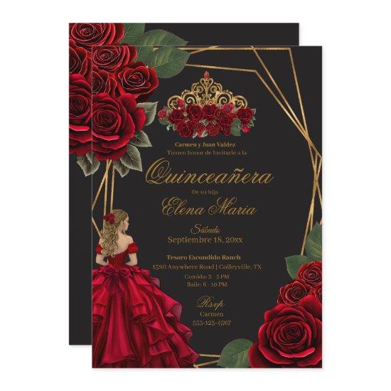 Black Red Roses Gold Princess Quinceañera