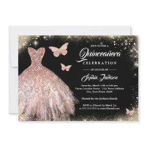 Black Rose Gold Dress Butterfly Quinceanera