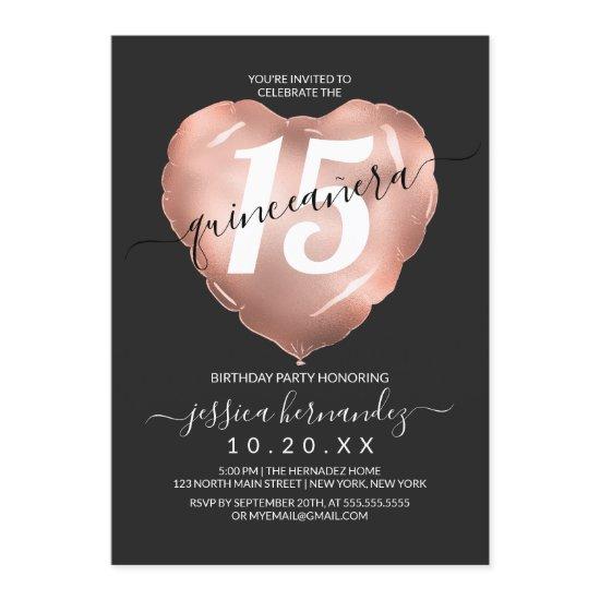 Black Rose Gold Foil Heart Balloon Quinceañera