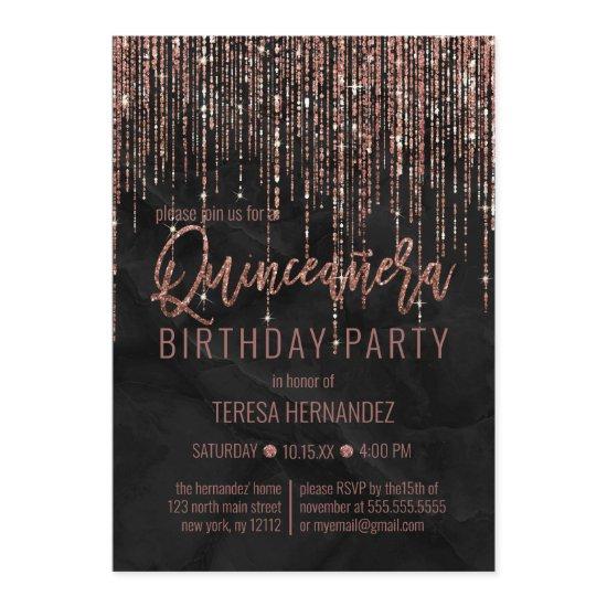 Black Rose Gold Glitter Pearl Marble Quinceañera