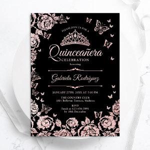 Black Rose Gold Roses Butterflies Quinceanera