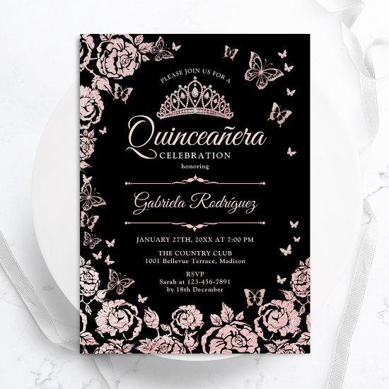 Black Rose Gold Roses Butterflies Quinceanera