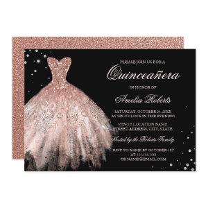 Black Rose Gold Sparkle Dress Quinceanera Invite