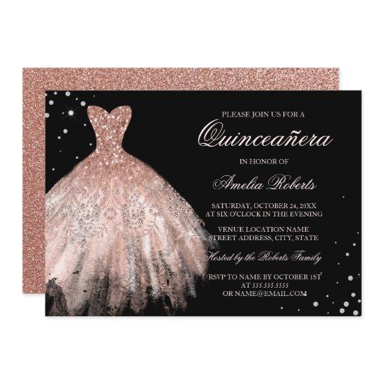 Black Rose Gold Sparkle Dress Quinceanera Invite