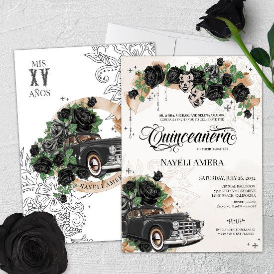 Black Roses Chicana Classic Lowrider Car Quince
