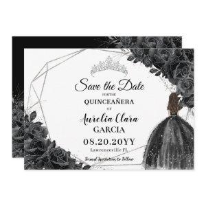 Black Roses Floral Dress XV 15 Silver Quinceañera Save The Date