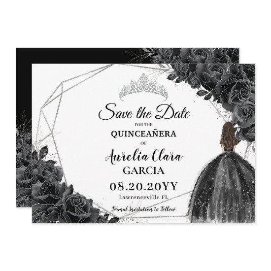 Black Roses Floral Dress XV 15 Silver Quinceañera Save The Date