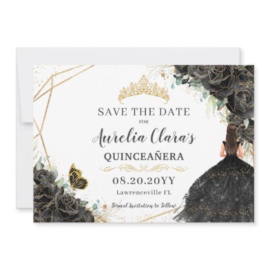 Black Roses Floral Gold Quinceanera Sweet Sixteen  Save The Date