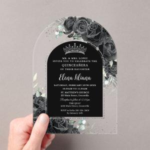 Black Roses Floral Silver Quinceanera Sweet 16  Acrylic