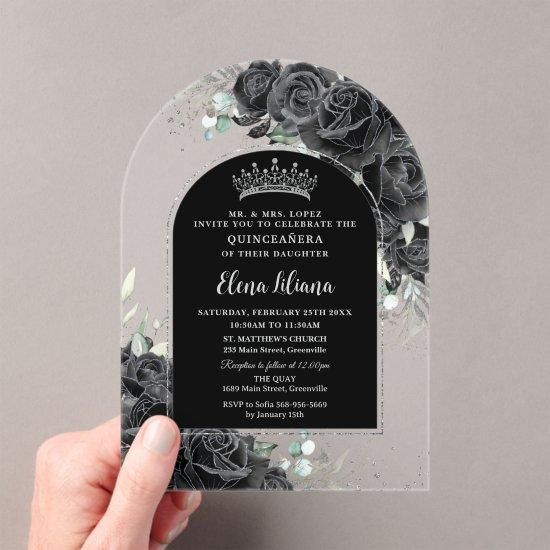 Black Roses Floral Silver Quinceanera Sweet 16  Acrylic