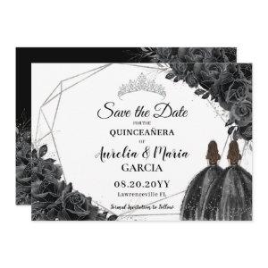 Black Roses Floral Twins XV Silver Quinceañera Save The Date