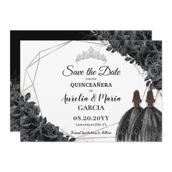 Black Roses Floral Twins XV Silver Quinceañera Save The Date