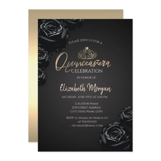 Black Roses Gold Tiara Black Quinceañera