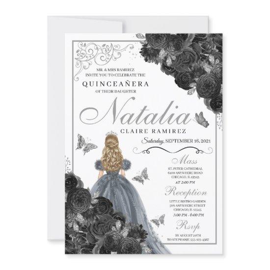 Black Roses Silver Butterfly Princess Quinceañera