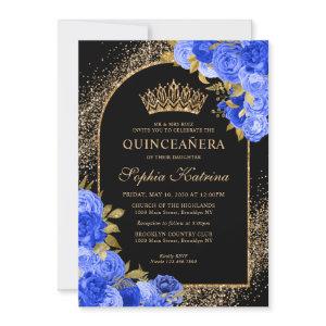 Black Royal Blue Gold Glitter Floral Quinceanera