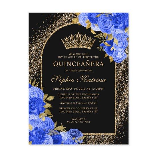 Black Royal Blue Gold Glitter Floral Quinceanera  Postcard