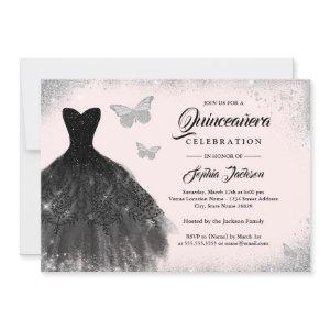 Black Silver Blush Dress Butterfly Quinceanera