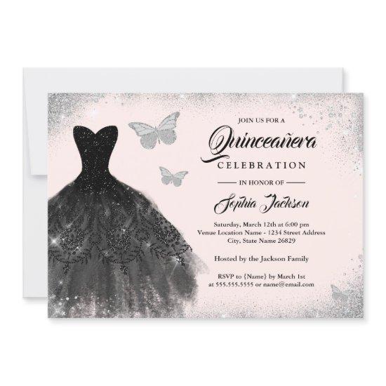 Black Silver Blush Dress Butterfly Quinceanera