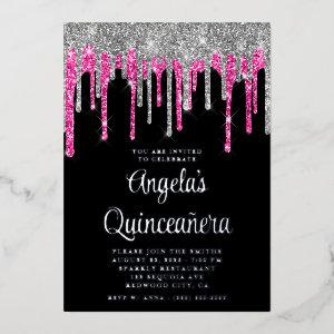 Black Silver Deep Pink Glitter Drips Quinceañera Foil