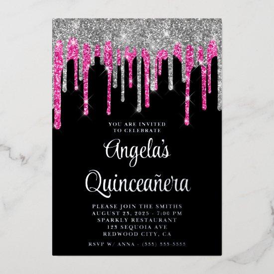Black Silver Deep Pink Glitter Drips Quinceañera Foil
