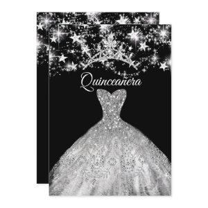Black Silver Dress Sparkle Tiara Stars Quinceanera
