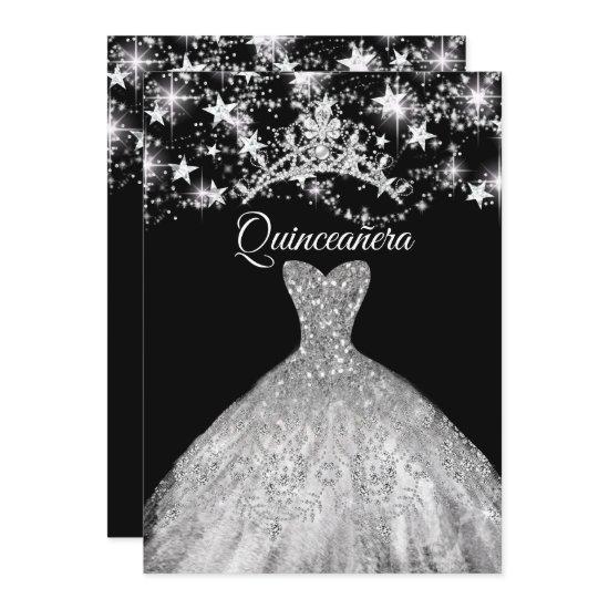 Black Silver Dress Sparkle Tiara Stars Quinceanera