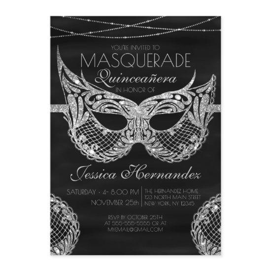 Black Silver Glitter Lace Masquerade Quinceañera