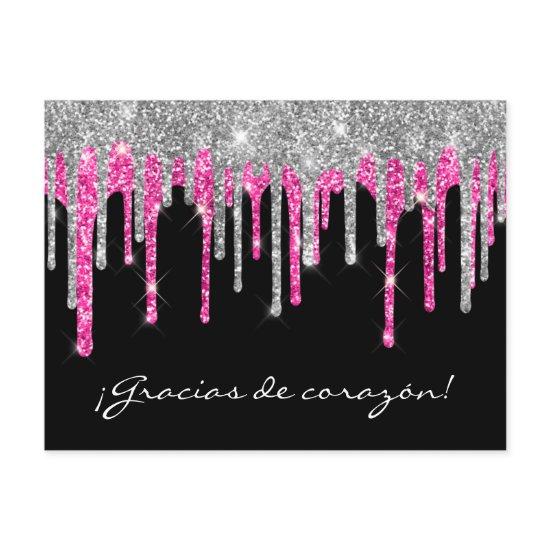 Black Silver Pink Glitter Drip Quinceañera Gracias Postcard