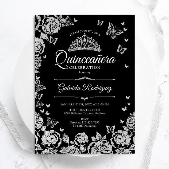 Black Silver Roses Butterflies Quinceanera