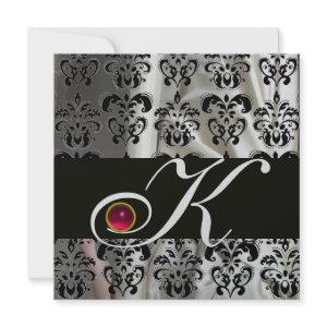 BLACK SILVER SILK DAMASK CLOTH MONOGRAM PINK RUBY