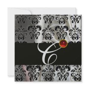 BLACK SILVER SILK DAMASK CLOTH MONOGRAM  RED RUBY