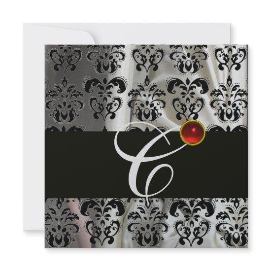 BLACK SILVER SILK DAMASK CLOTH MONOGRAM  RED RUBY