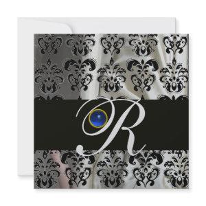 BLACK SILVER SILK DAMASK  MONOGRAM BLUE SAPPHIRE