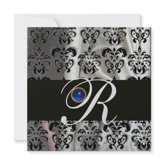 BLACK SILVER SILK DAMASK  MONOGRAM BLUE SAPPHIRE