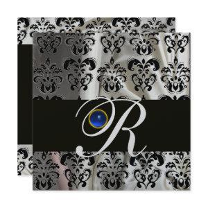 BLACK SILVER SILK DAMASK  MONOGRAM BLUE SAPPHIRE