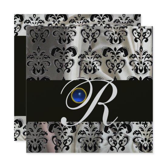 BLACK SILVER SILK DAMASK  MONOGRAM BLUE SAPPHIRE