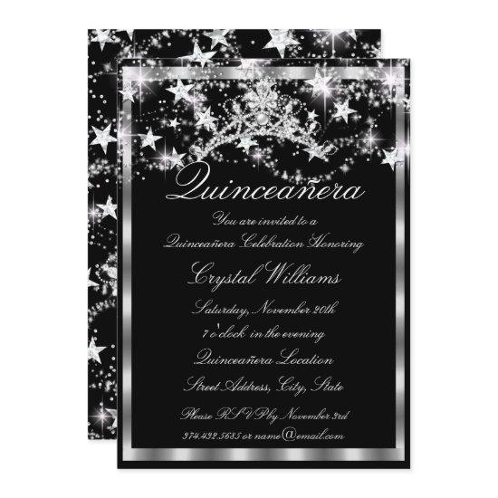 Black Silver Sparkle Tiara Stars Quinceanera