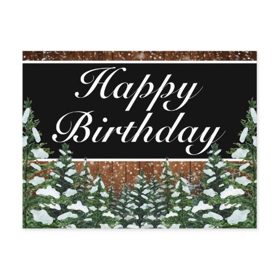 Black Snowy Wood Forest Happy Birthday Greeting Announcement Postcard