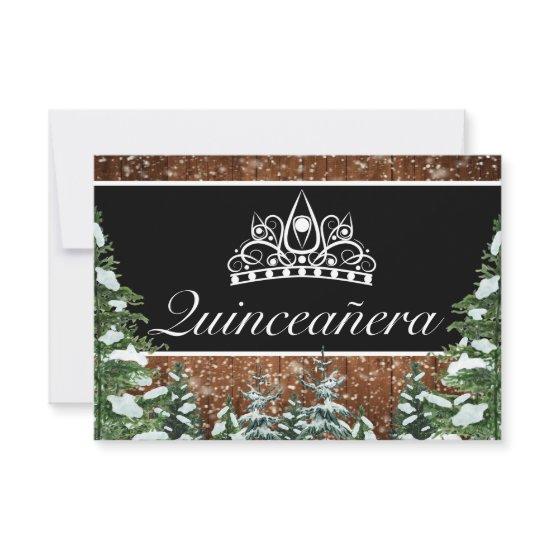 Black Snowy Wood & Forest Pine Tiara Qinceanera RSVP Card