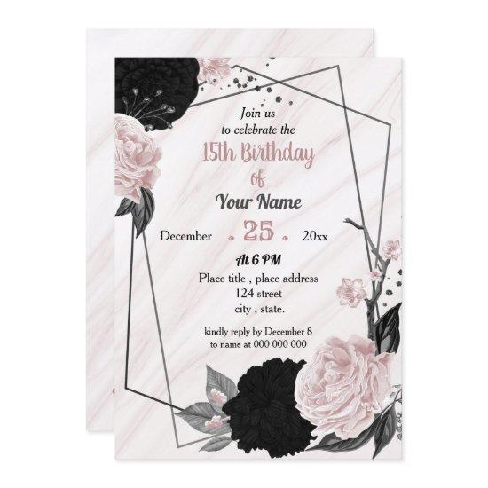 Black & soft pink floral geometric birthday party