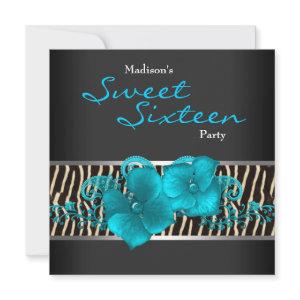 Black Teal Blue Zebra Sweet 16 Birthday Party