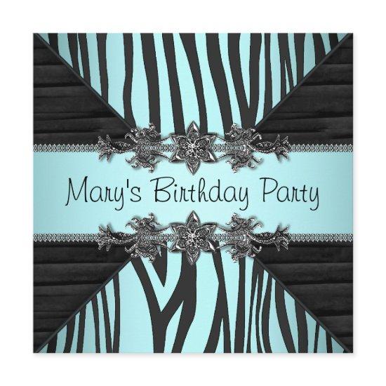 Black Teal Blue Zebra Womans Birthday Party
